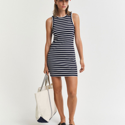 GANT Kadın Lacivert Slim Fit Bisiklet Yaka Çizgili Elbise