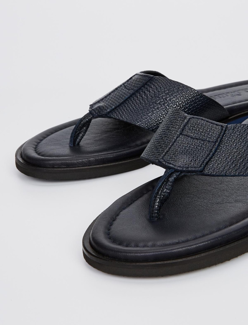 Valmenti Aletta Erkek Lacivert Hakiki Deri Düz Terlik