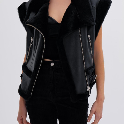 Valmenti Kadın Kürk Siyah Yelek Deri Mont Valmenti Kadın Kürk Siyah Yelek Deri Mont