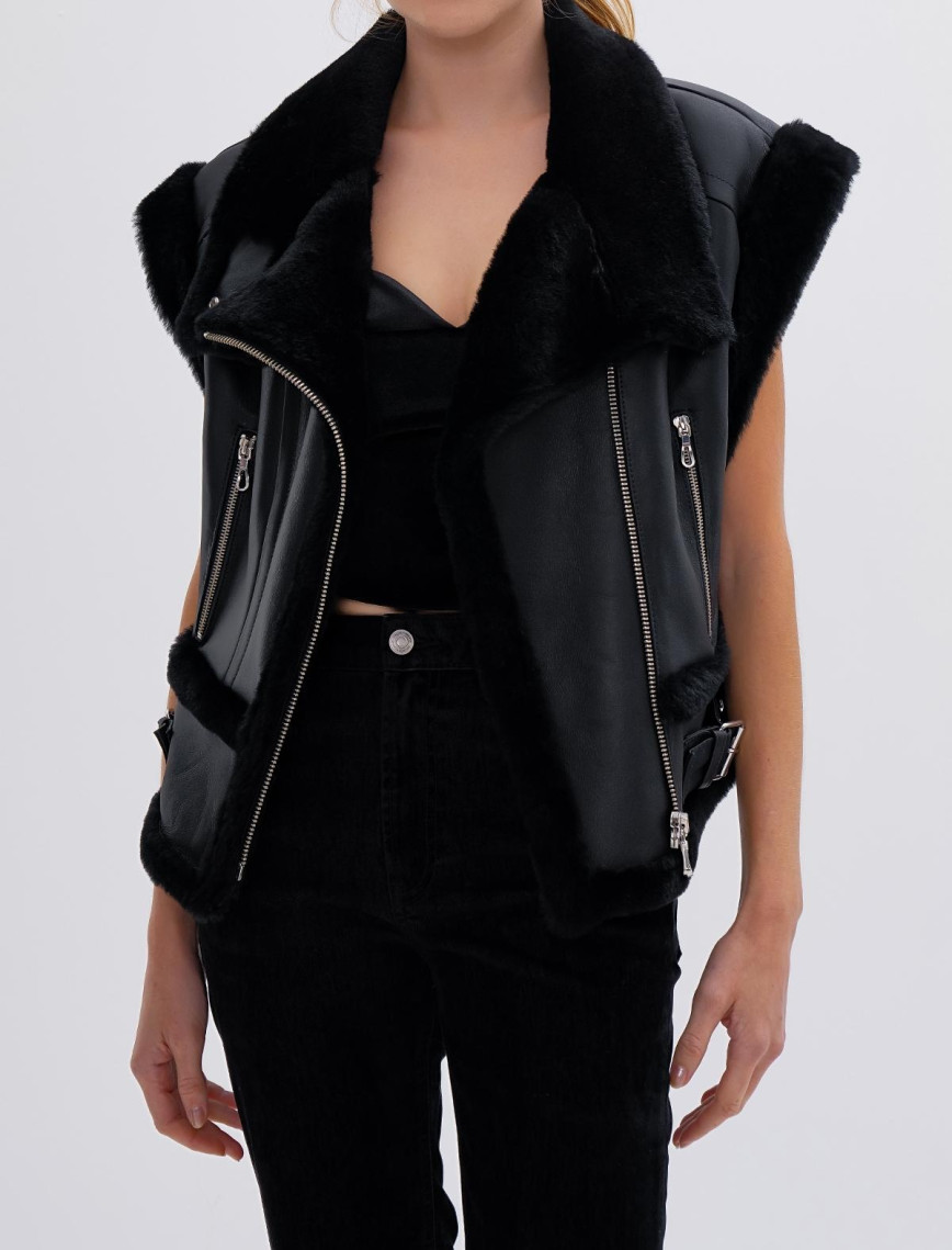 Valmenti Kadın Kürk Siyah Yelek Deri Mont Valmenti Kadın Kürk Siyah Yelek Deri Mont