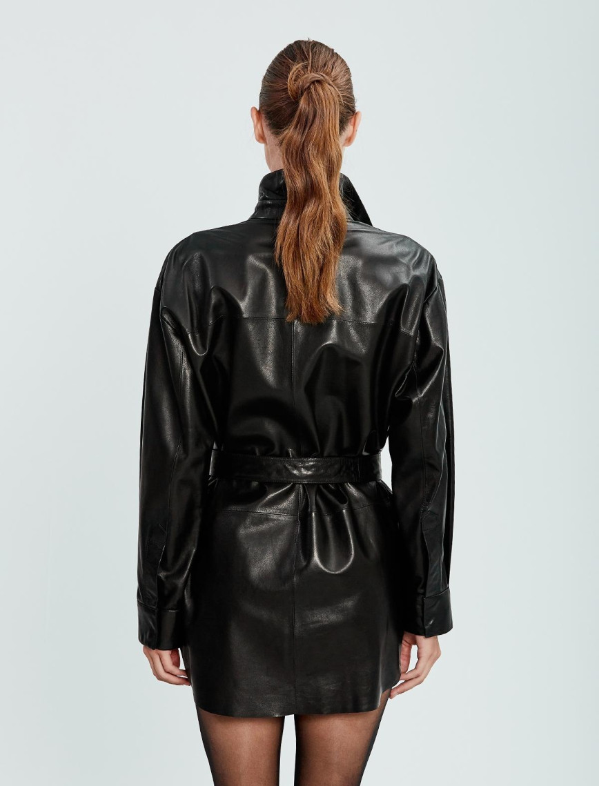 Valmenti Kadın Siyah Hakiki Deri Deri Gömlek