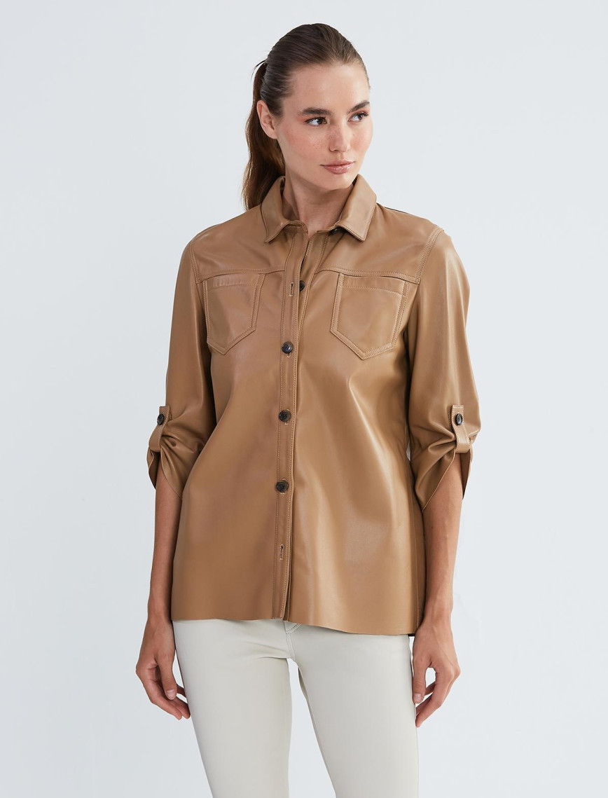 Valmenti Kadın Bej Hakiki Deri Deri Gömlek
