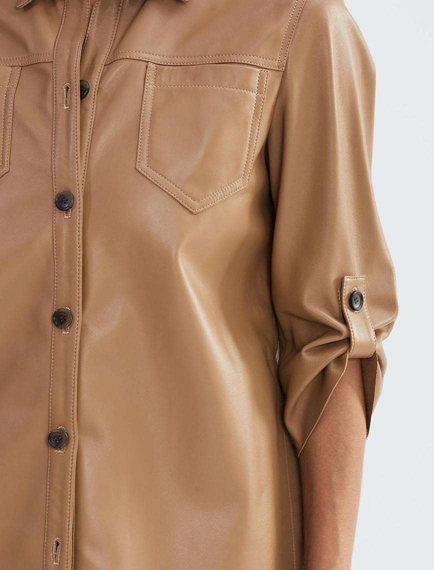 Valmenti Kadın Bej Hakiki Deri Deri Gömlek