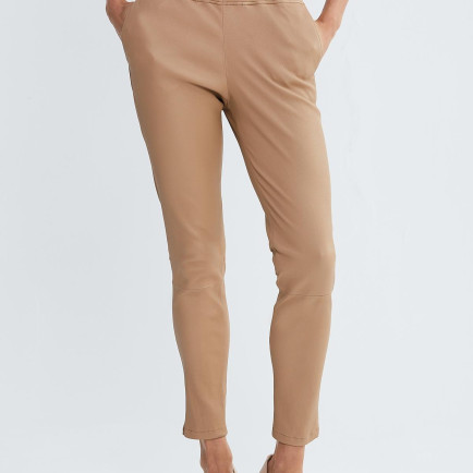 Valmenti Kadın Bej Hakiki Deri Pantolon Deri Pantalon