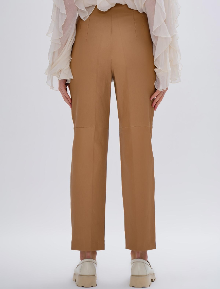 Valmenti Kadın Bej Hakiki Deri Pantolon Deri Pantalon