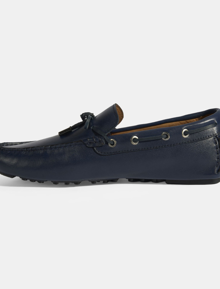 Erkek Lacivert Bağcık Detaylı Slip-On Deri Loafer Erkek Lacivert Bağcık Detaylı Slip-On Deri Loafer