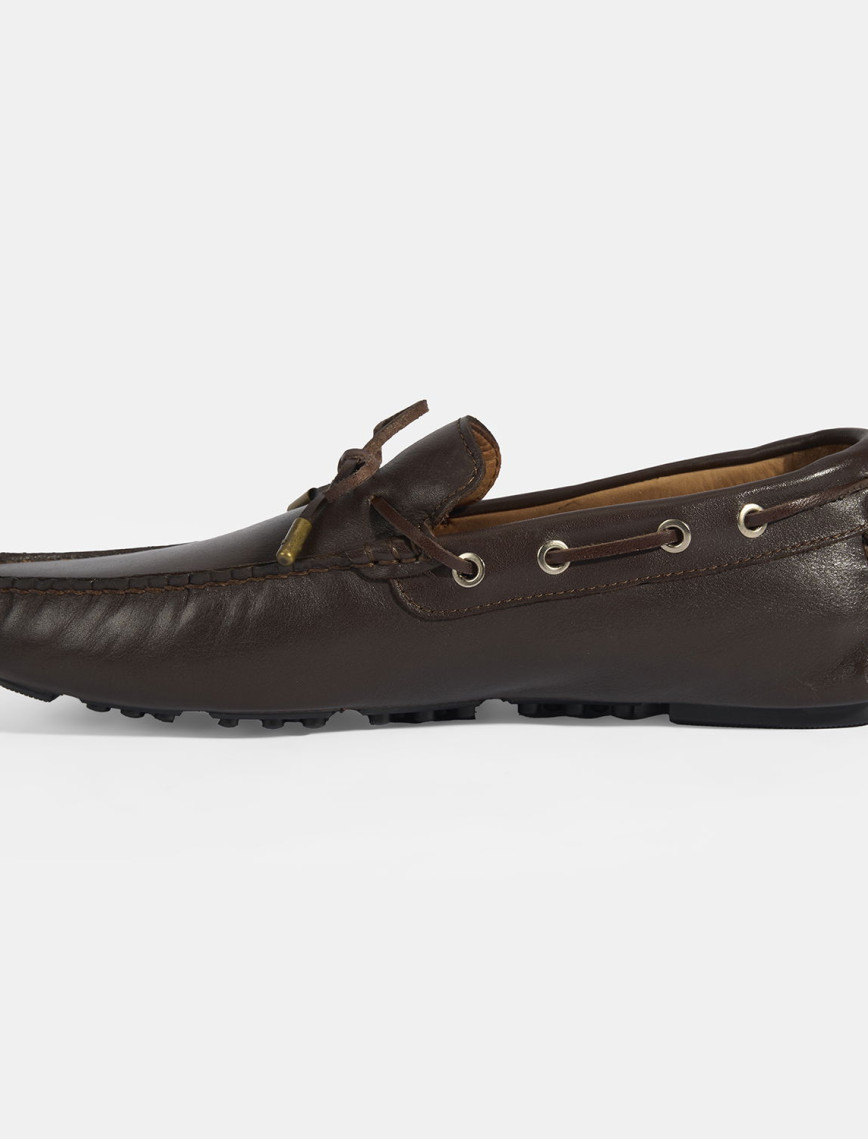 Erkek Kahve Bağcık Detaylı Slip-On Deri Loafer