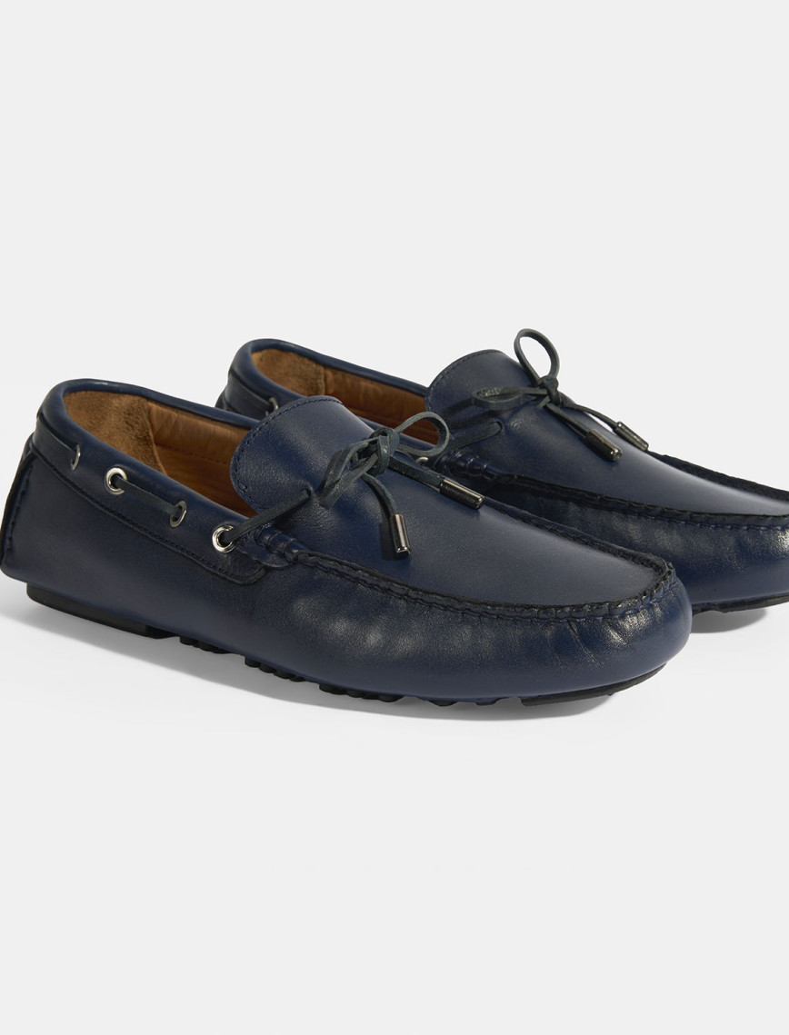 Erkek Lacivert Bağcık Detaylı Slip-On Deri Loafer Erkek Lacivert Bağcık Detaylı Slip-On Deri Loafer