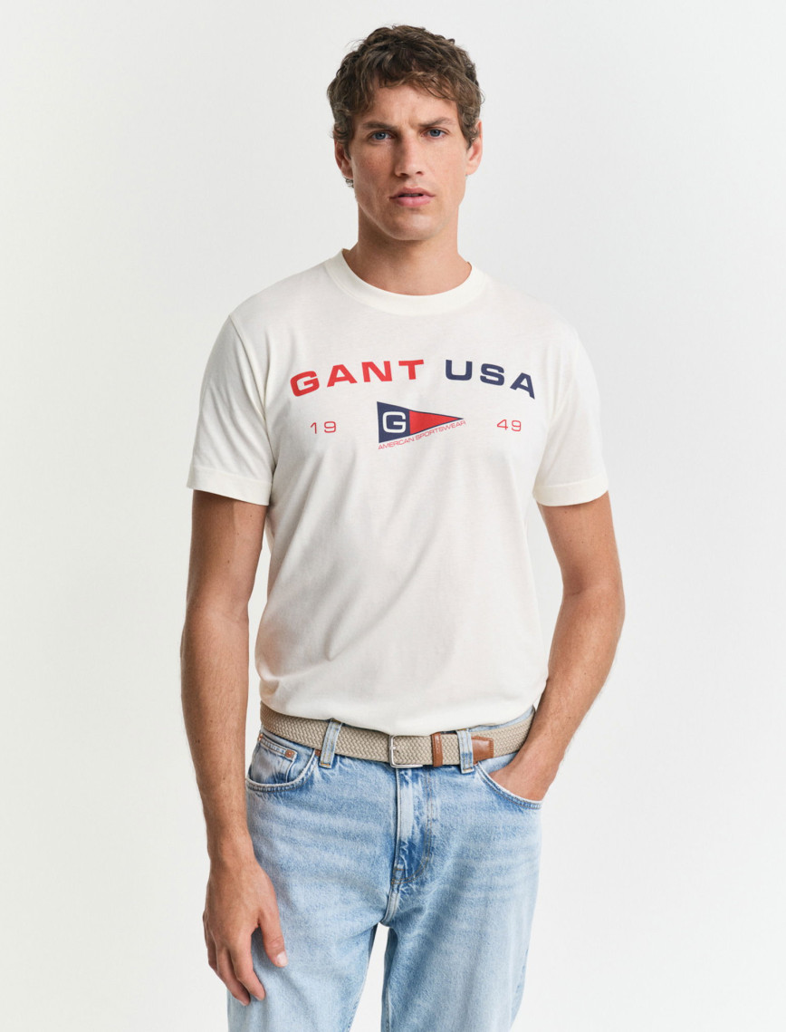 GANT Erkek Krem Regular Fit Bisiklet Yaka Logolu T-Shirt GANT Erkek Krem Regular Fit Bisiklet Yaka Logolu T-Shirt