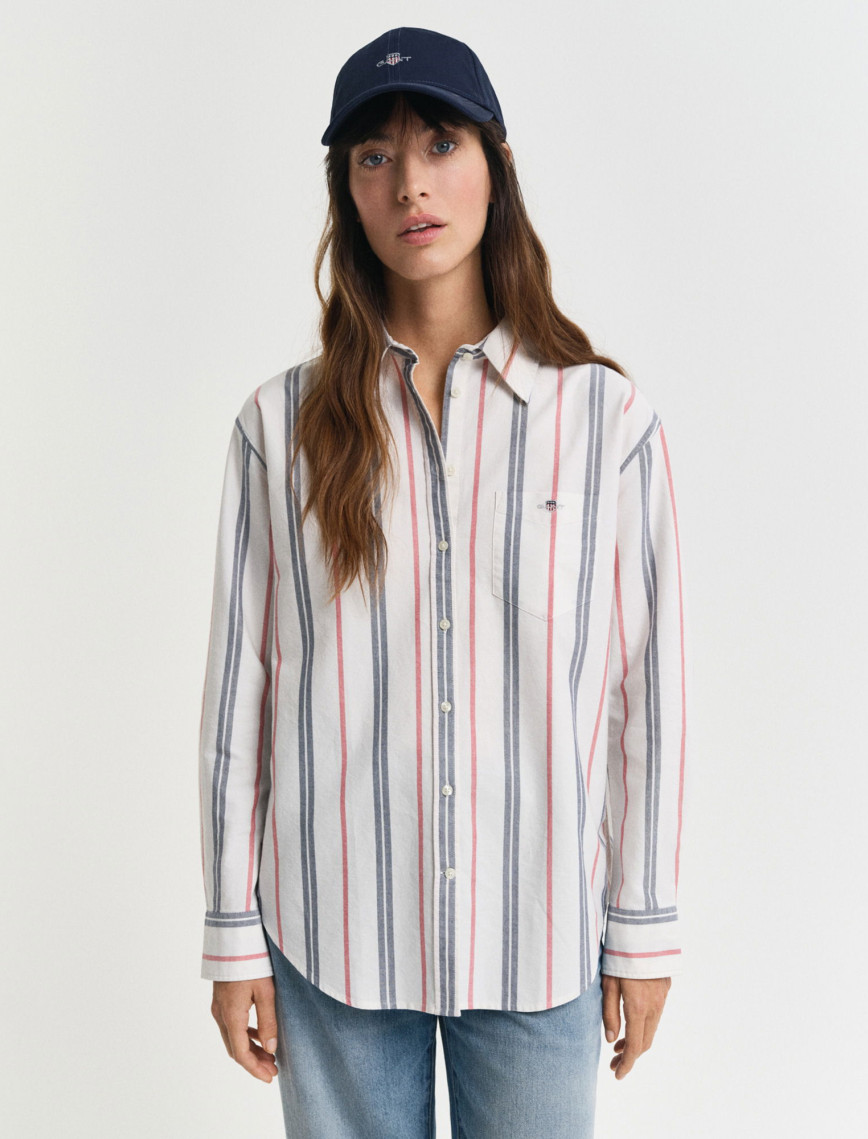 GANT Kadın Krem Relaxed Fit Klasik Yaka Çizgili Gömlek GANT Kadın Krem Relaxed Fit Klasik Yaka Çizgili Gömlek