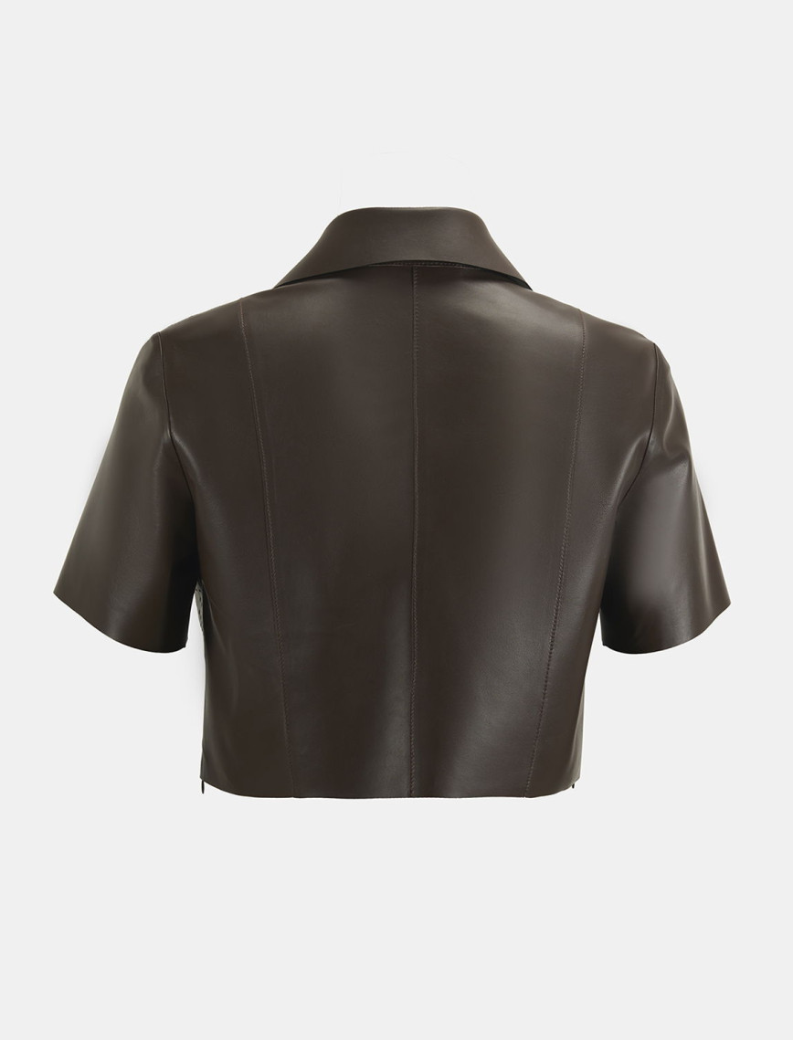 Kadın Kahve Lazer Kesimli Kısa Perforeli Deri Gömlek Kadın Kahve Lazer Kesimli Kısa Perforeli Deri Gömlek