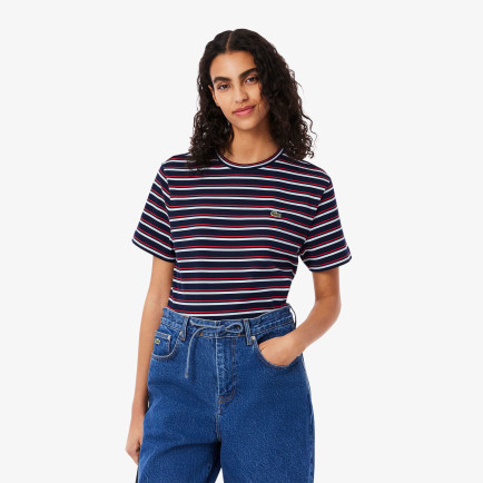 Lacoste Kadın Regular Fit Bisiklet Yaka Çizgili Lacivert T-Shirt