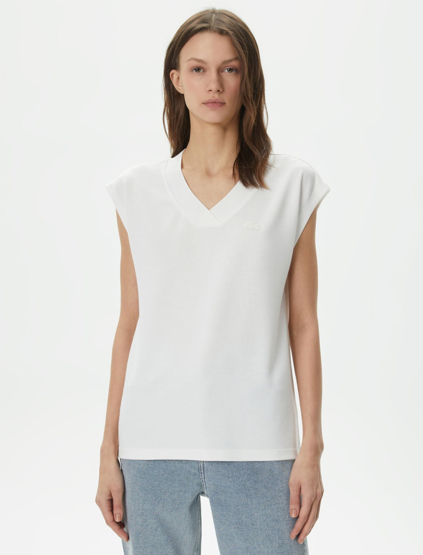 Lacoste Kadın Slim Fit V Yaka Siyah T-Shirt Lacoste Kadın Slim Fit V Yaka Siyah T-Shirt