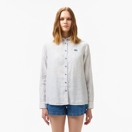 Lacoste Kadın Relaxed Fit Çizgili Keten Mavi Gömlek Lacoste Kadın Relaxed Fit Çizgili Keten Mavi Gömlek