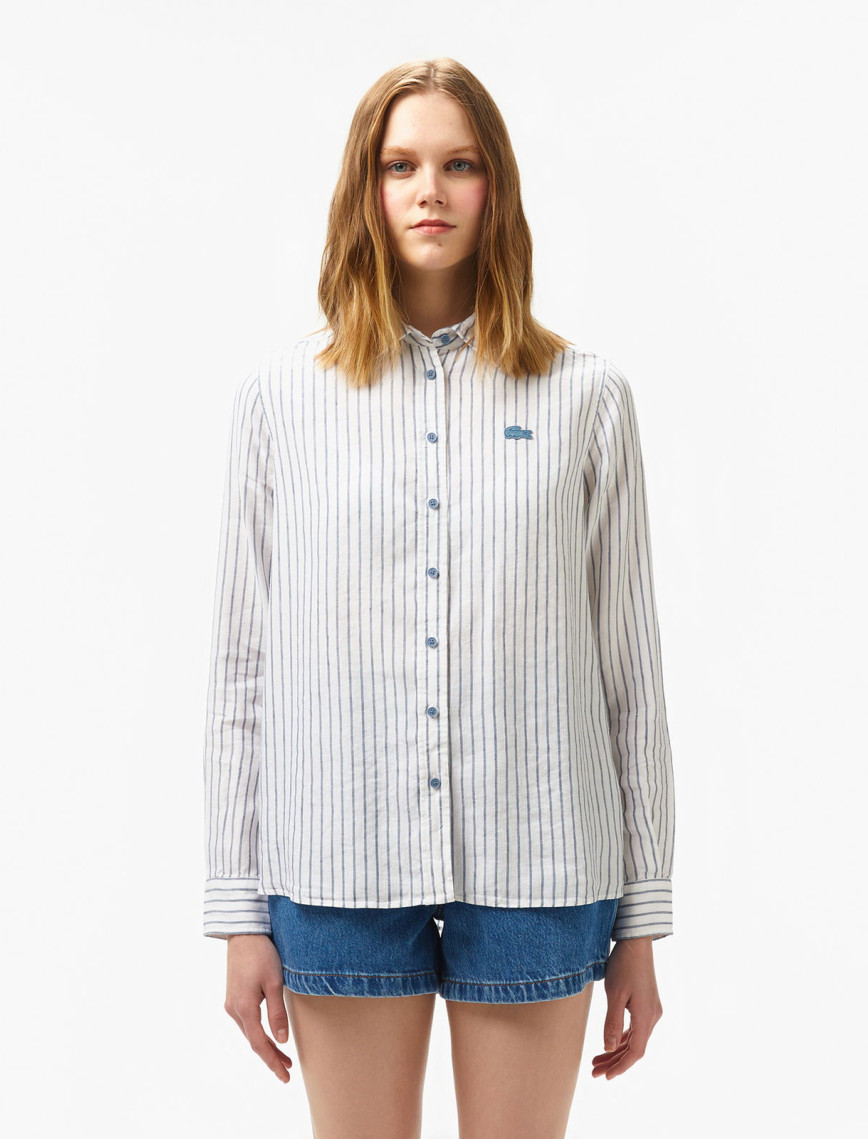 Lacoste Kadın Relaxed Fit Çizgili Keten Açık Pembe Gömlek Lacoste Kadın Relaxed Fit Çizgili Keten Açık Pembe Gömlek