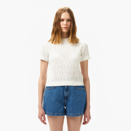 Lacoste Kadın Kısa Kollu Bisiklet Yaka Desenli Beyaz Triko Lacoste Kadın Kısa Kollu Bisiklet Yaka Desenli Beyaz Triko