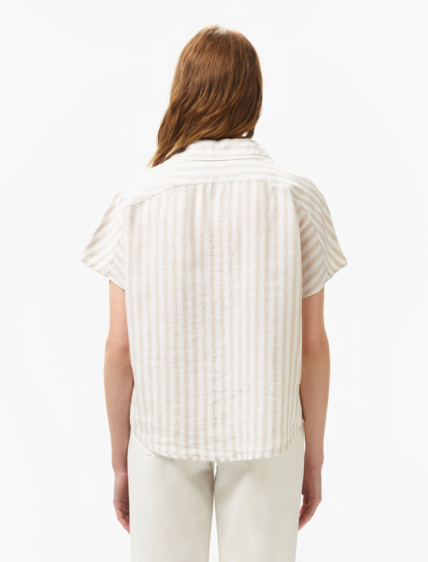 Lacoste Kadın Regular Fit Kısa Kollu Çizgili Keten Bej Gömlek