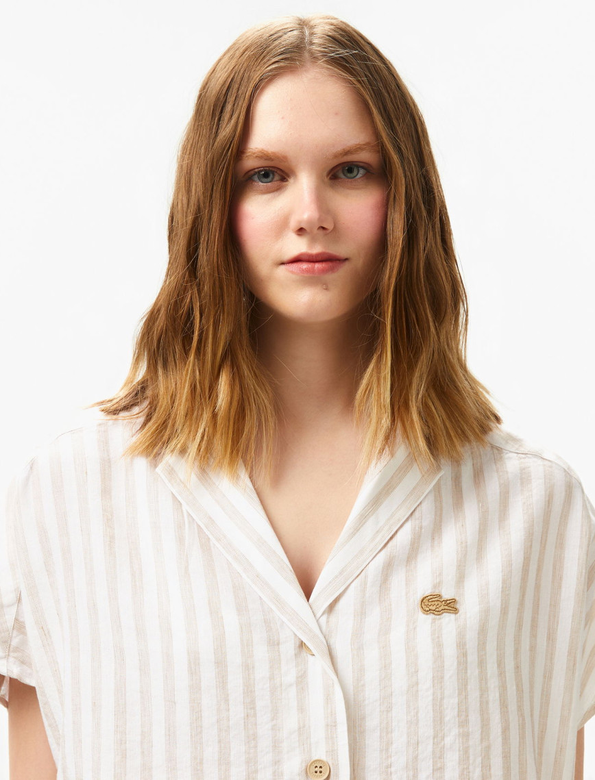 Lacoste Kadın Regular Fit Kısa Kollu Çizgili Keten Bej Gömlek
