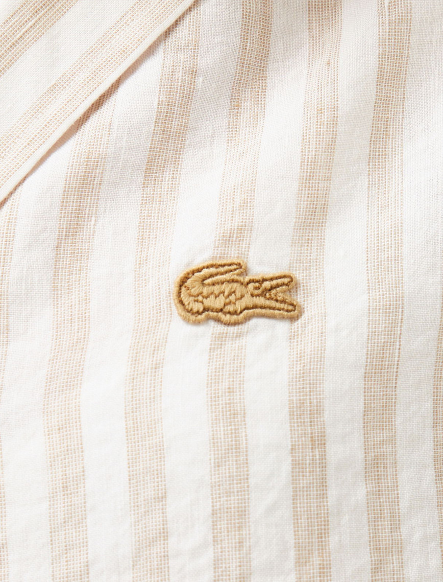 Lacoste Kadın Regular Fit Kısa Kollu Çizgili Keten Bej Gömlek