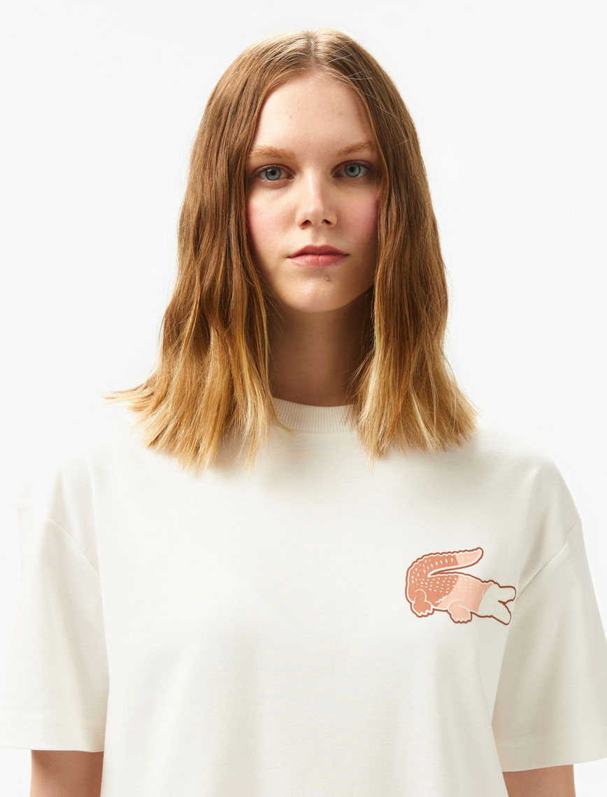 Lacoste Kadın Bisiklet Yaka Baskılı Beyaz T-Shirt