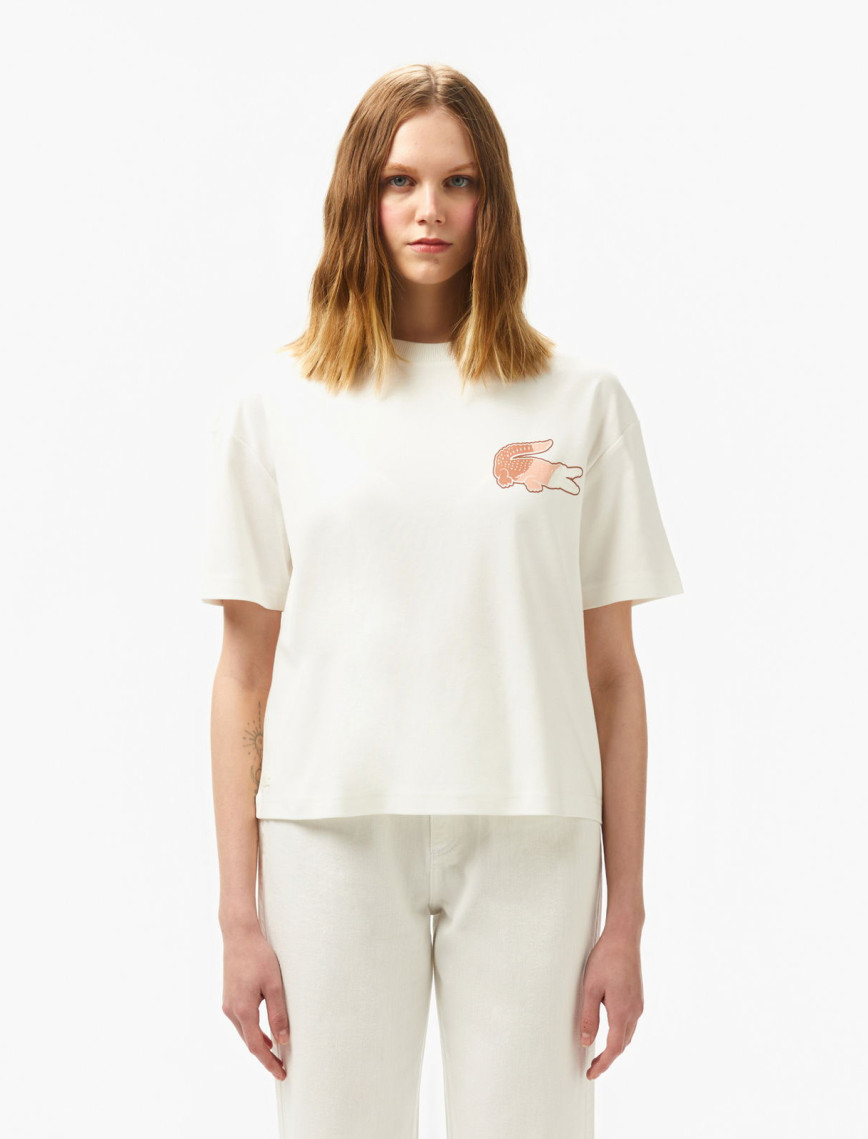 Lacoste Kadın Bisiklet Yaka Baskılı Beyaz T-Shirt