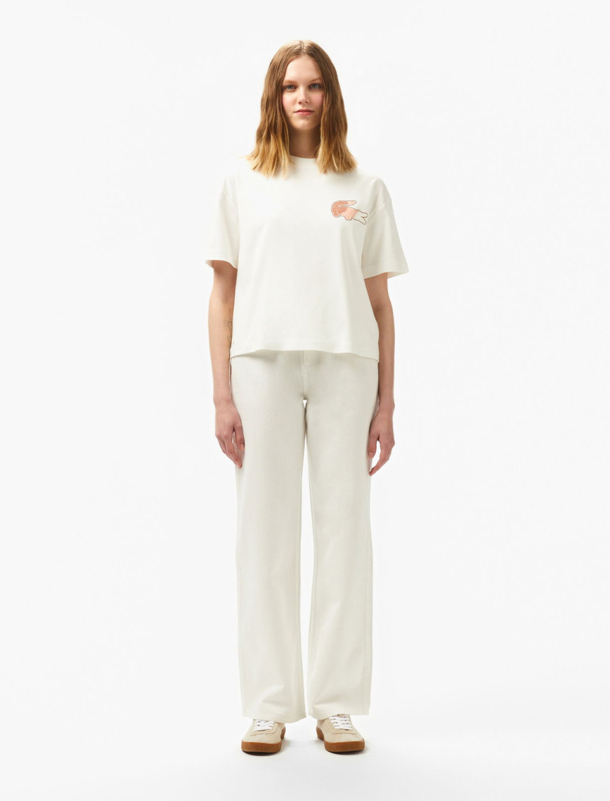 Lacoste Kadın Bisiklet Yaka Baskılı Beyaz T-Shirt