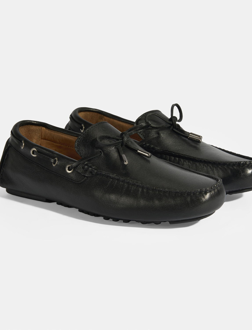 Erkek Siyah Bağcık Detaylı Slip-On Deri Loafer Erkek Siyah Bağcık Detaylı Slip-On Deri Loafer