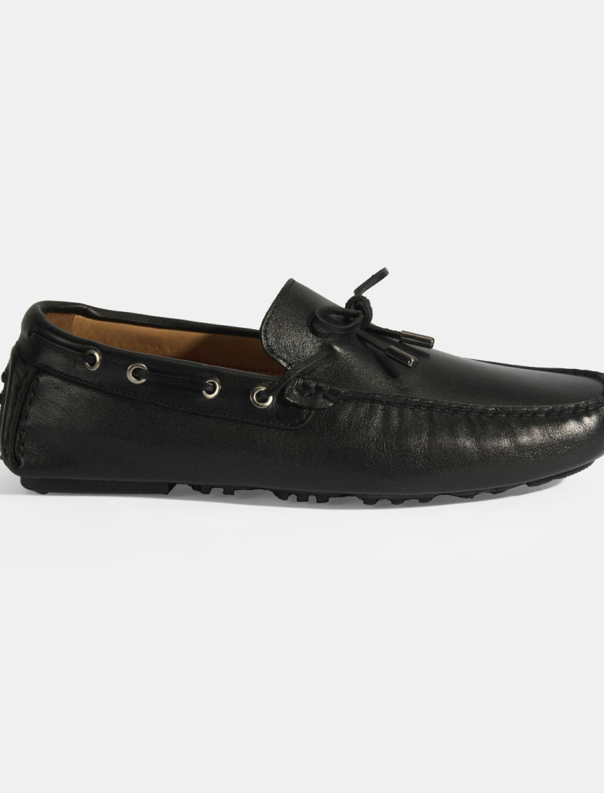 Erkek Siyah Bağcık Detaylı Slip-On Deri Loafer Erkek Siyah Bağcık Detaylı Slip-On Deri Loafer