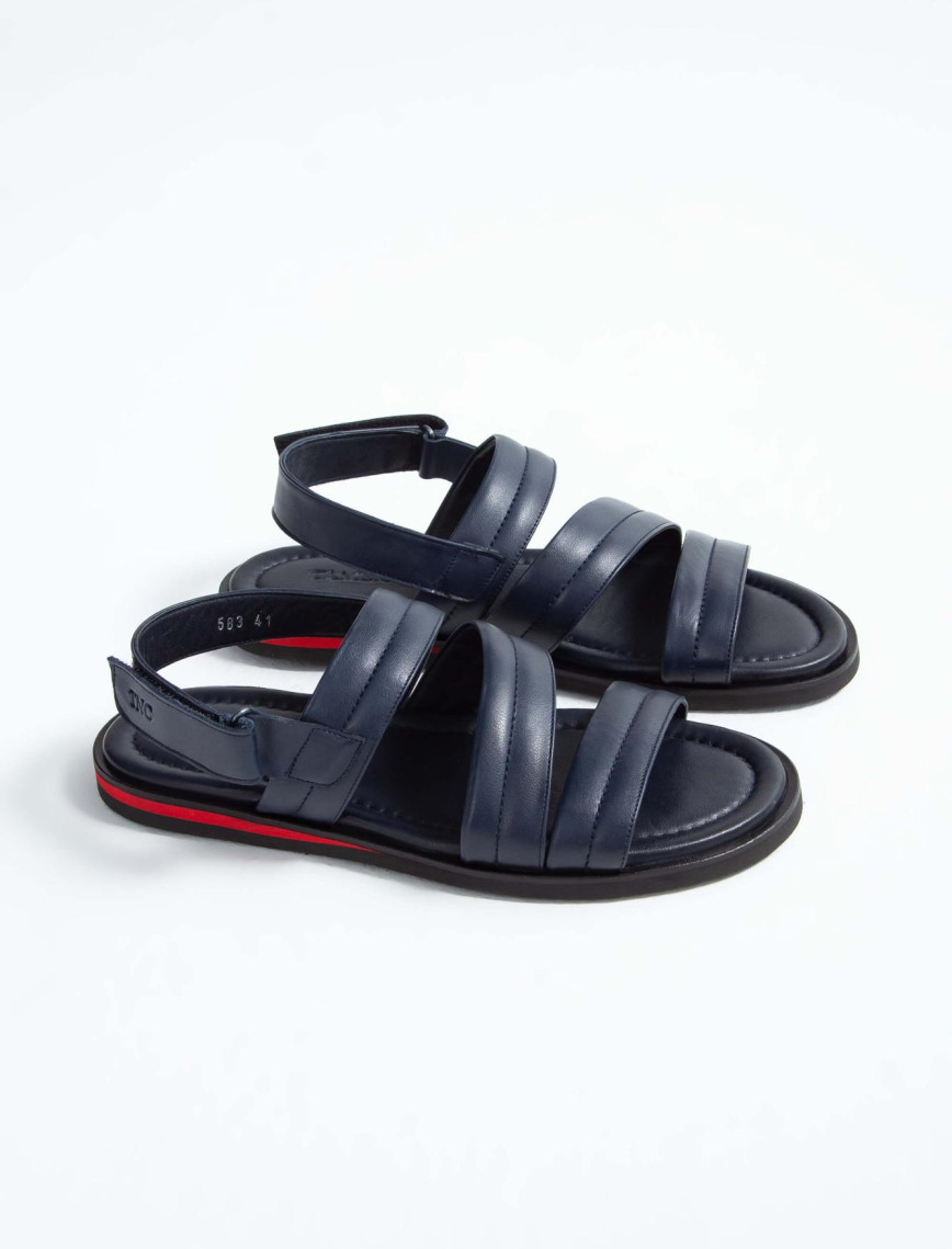 Tamer Tanca Erkek Hakiki Deri Lacivert Düz Sandalet