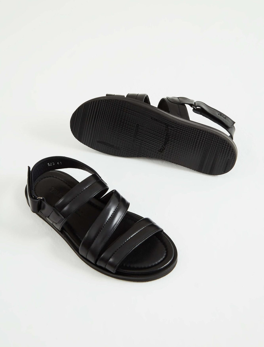 Tamer Tanca Erkek Hakiki Deri Siyah Düz Sandalet