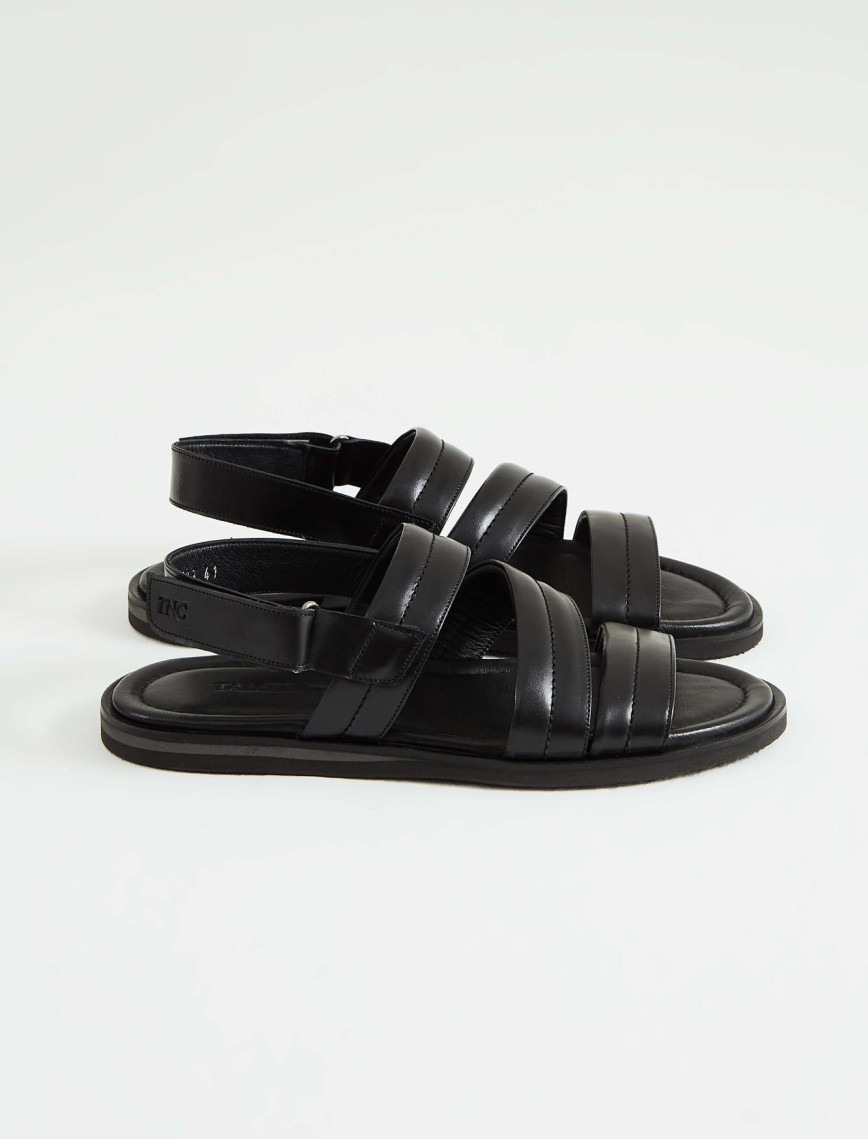 Tamer Tanca Erkek Hakiki Deri Siyah Düz Sandalet