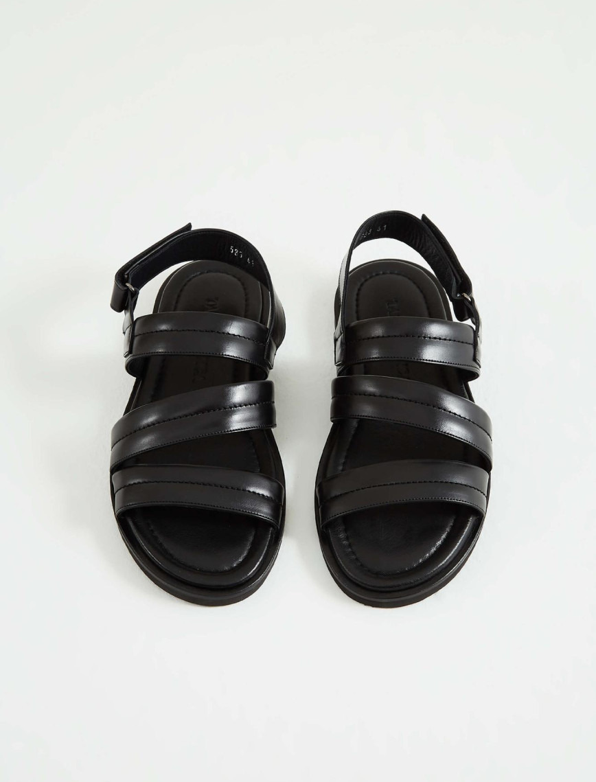 Tamer Tanca Erkek Hakiki Deri Siyah Düz Sandalet