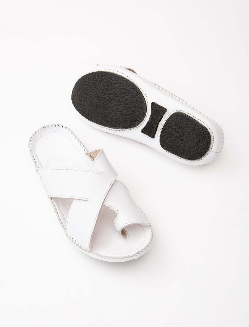 Tamer Tanca Erkek Hakiki Deri Beyaz Günlük Terlik