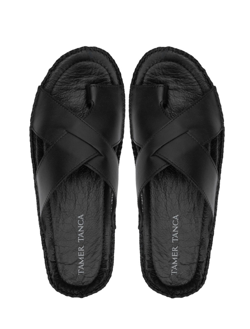 Tamer Tanca Erkek Hakiki Deri Siyah Günlük Terlik