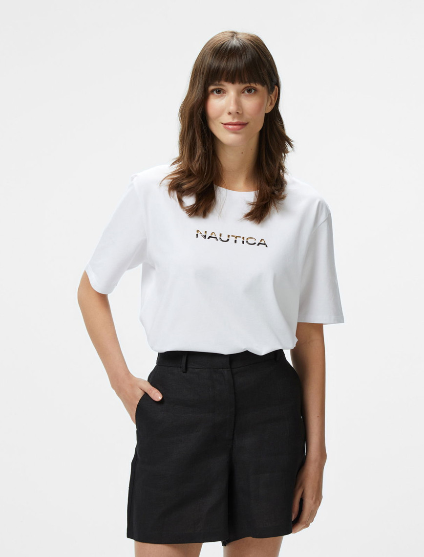 Nautica Kadın Beyaz Regular Fit Baskılı T-Shirt Nautica Kadın Beyaz Regular Fit Baskılı T-Shirt