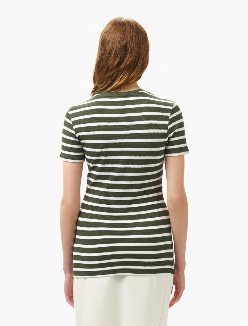 Lacoste Kadın Slim Fit Bisiklet Yaka Çizgili Koyu Yeşil T-Shirt