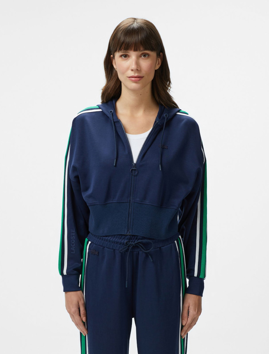 Lacoste Kadın Crop Fit Fermuarlı Renk Bloklu Beyaz Sweatshirt