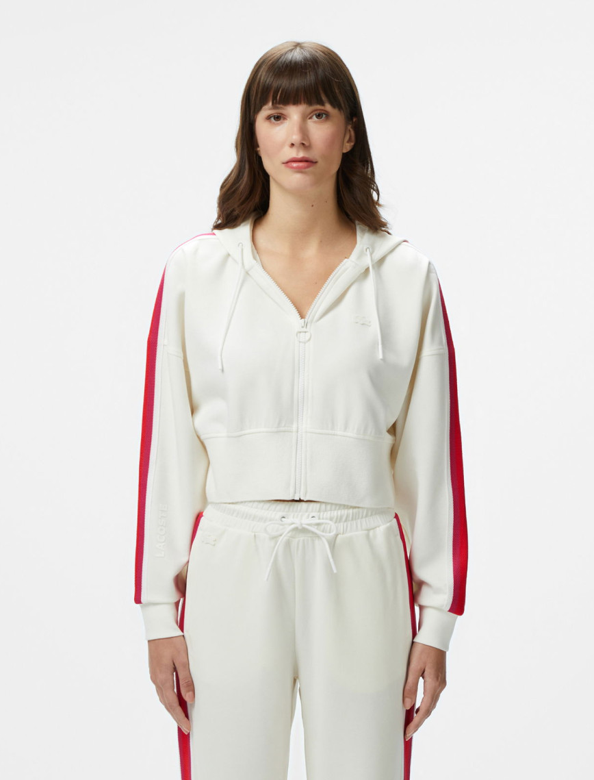 Lacoste Kadın Crop Fit Fermuarlı Renk Bloklu Beyaz Sweatshirt