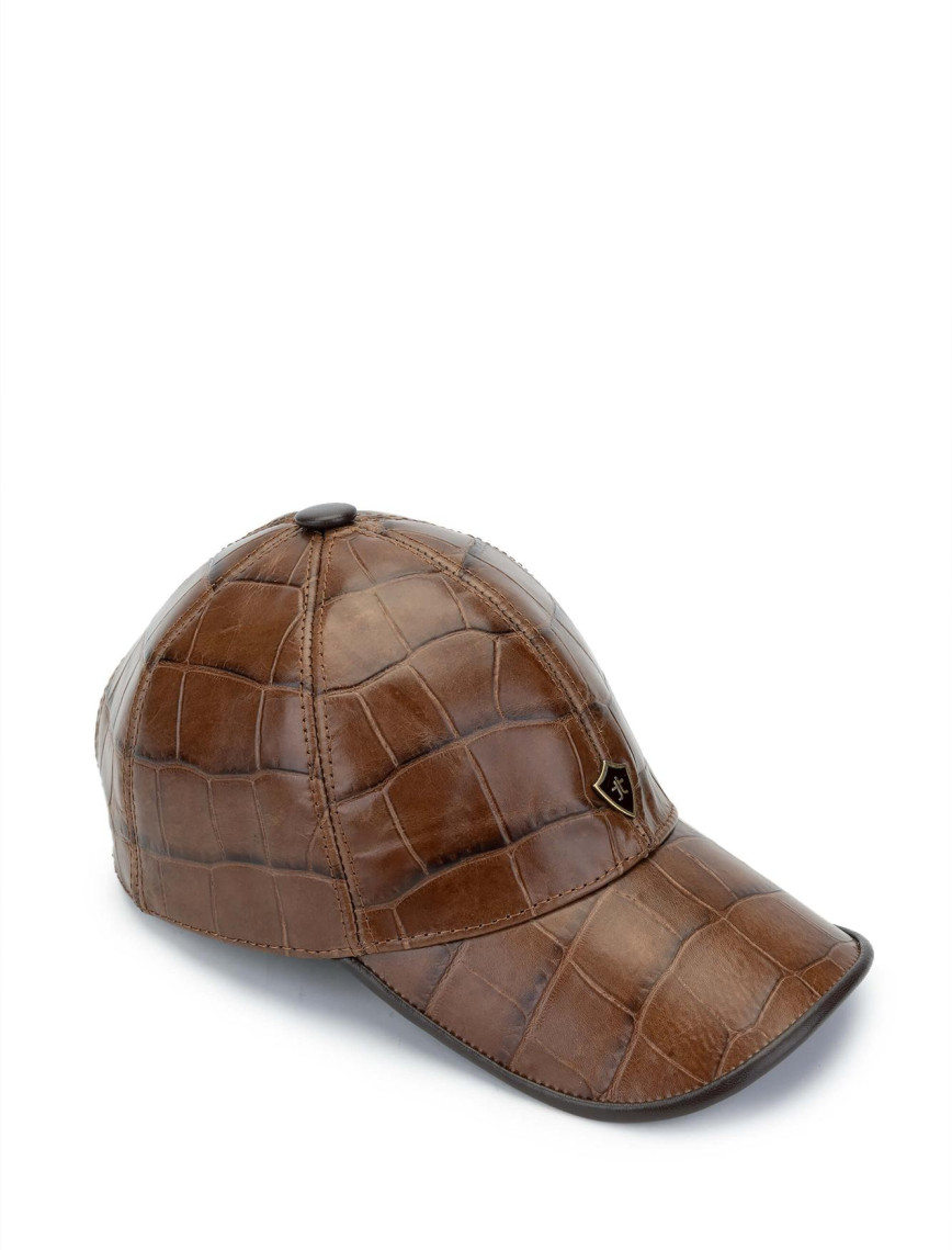 Tamer Tanca Erkek Hakiki Deri Kahverengi Kroko Beyzbol Şapka