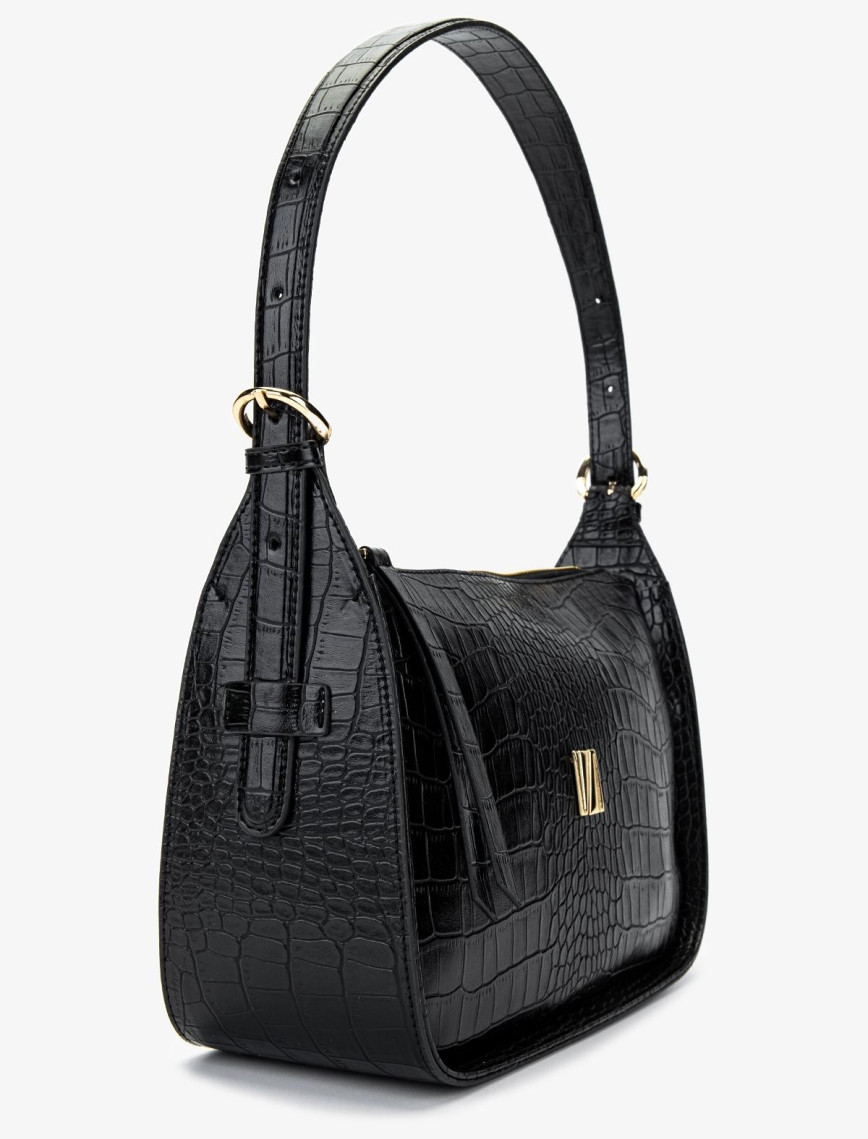 Valmenti Kadın Vegan Siyah Kroko Omuz Çanta