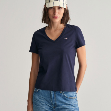 GANT Kadın Lacivert Regular Fit V Yaka T-Shirt