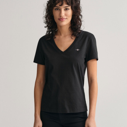 GANT Kadın Siyah Regular Fit V Yaka T-Shirt