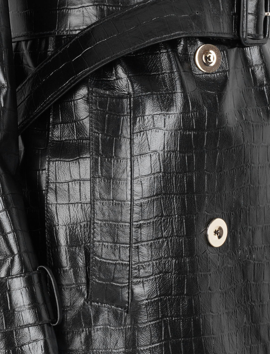 Kadın Siyah Kroko Baskılı Deri Trençkot