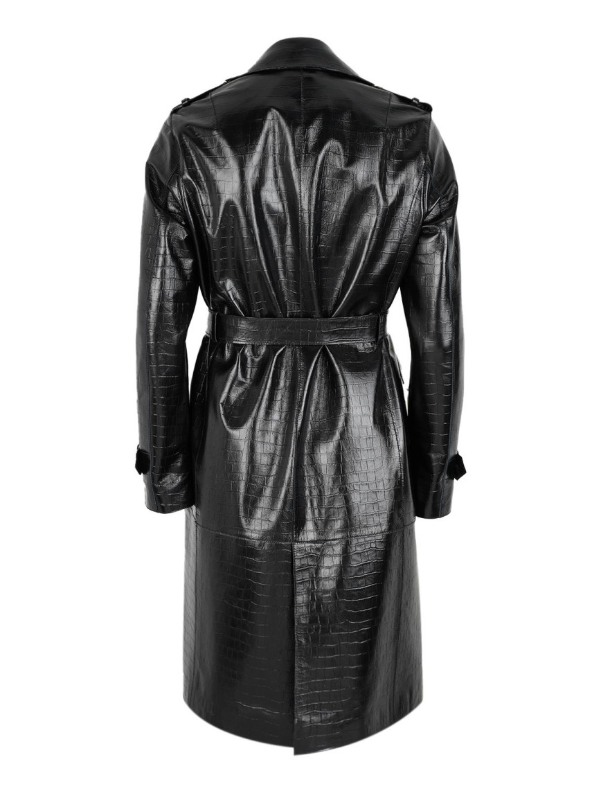 Kadın Siyah Kroko Baskılı Deri Trençkot