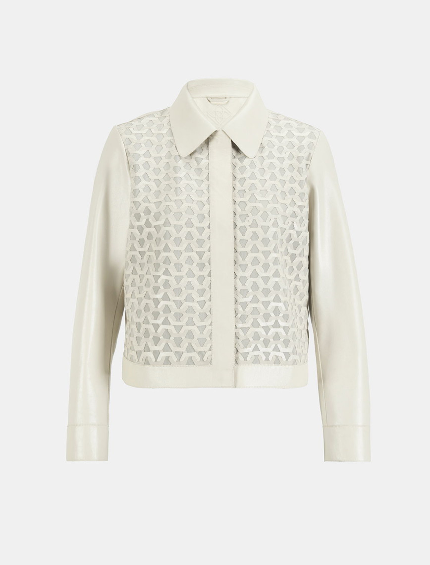 Kadın Beyaz Gömlek Yaka Örmeli Deri Ceket