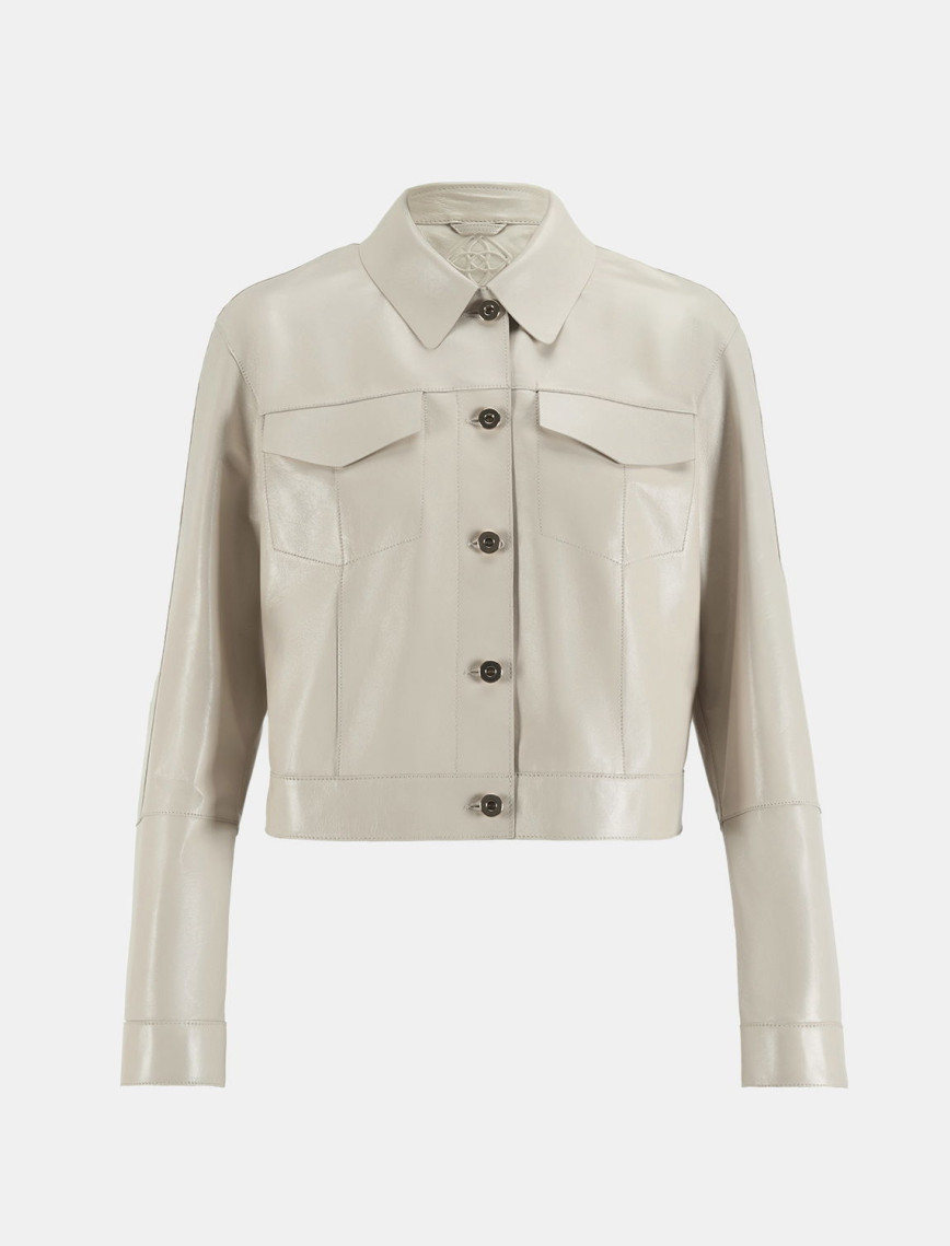 Kadın Beyaz Gömlek Yaka Metal Düğme Detaylı Deri Ceket