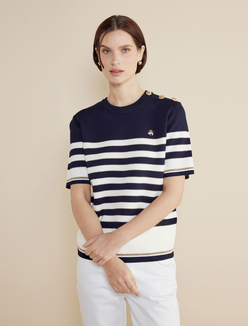 Brooks Brothers Bisiklet Yaka Omzu Düğmeli Çizgili Kısa Kol Kadın Lacivert Kazak Brooks Brothers Bisiklet Yaka Omzu Düğmeli Çizgili Kısa Kol Kadın Lacivert Kazak