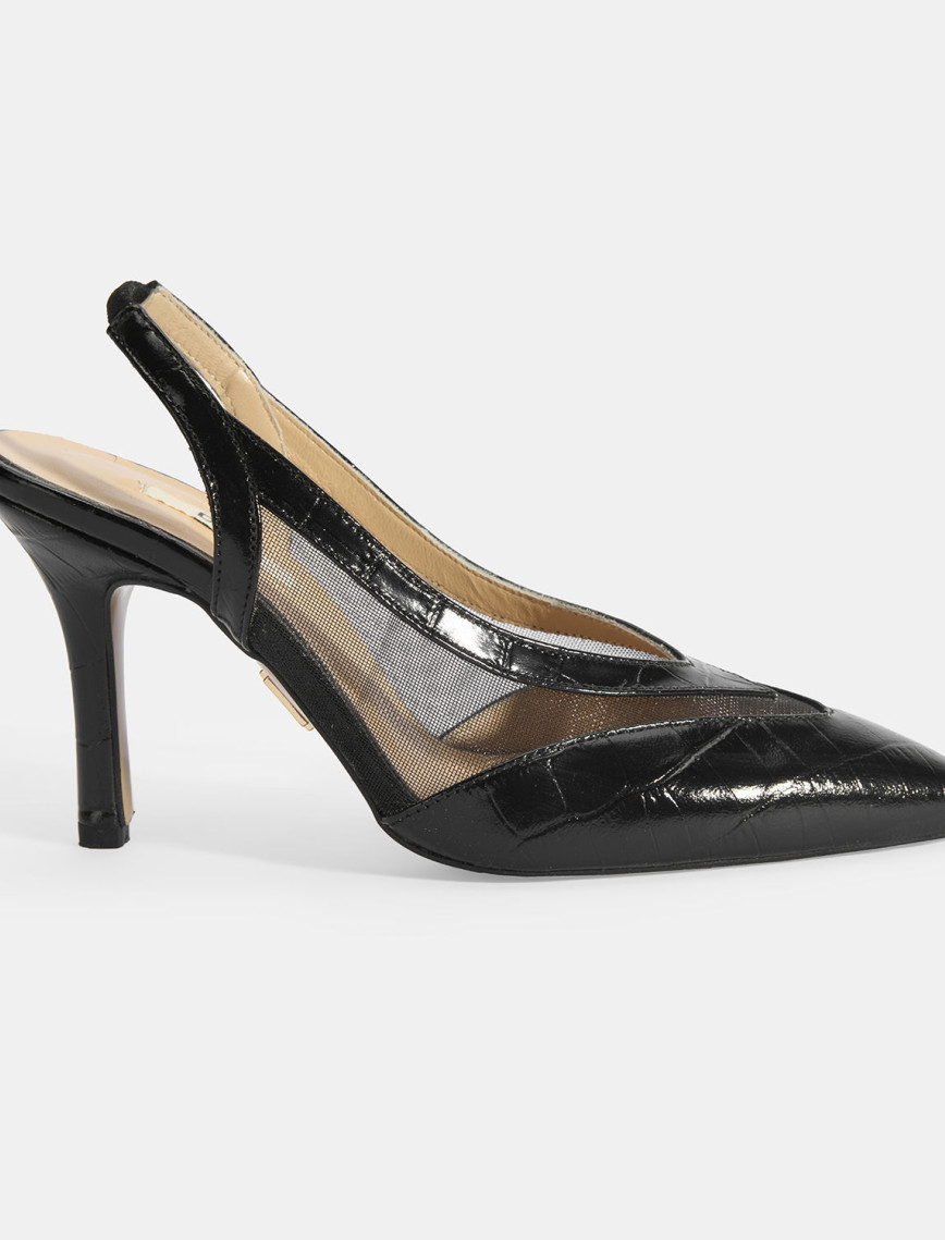 Kadın Siyah Kroko Desenli Fileli Abiye Topuklu Ayakkabı Kadın Siyah Kroko Desenli Fileli Abiye Topuklu Ayakkabı