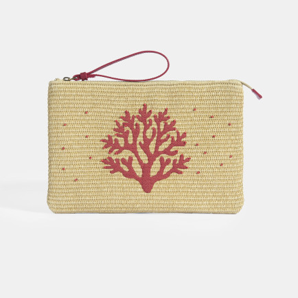 Kırmızı Mercan Nakışlı Hasır Clutch