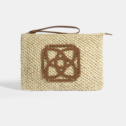 Kadın Bej Deri Detaylı Hasır El Çantası